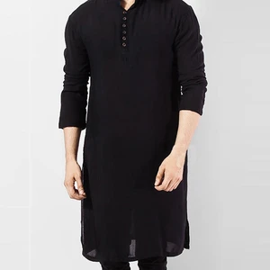 Men Muslim Kurta T-Shirt Long Sleeve Buttons Stand Collar Kaftan Blouse Solid Color Side Split Arabi in USA (United States)