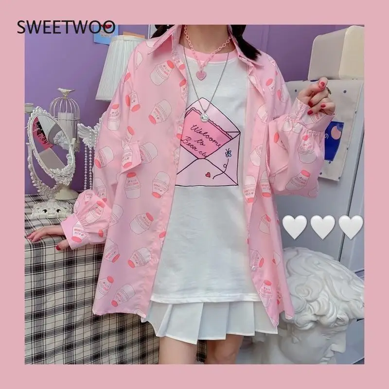 Kawaii блузка женская в Корейском стиле модная рубашка на пуговицах с принтом Kpop