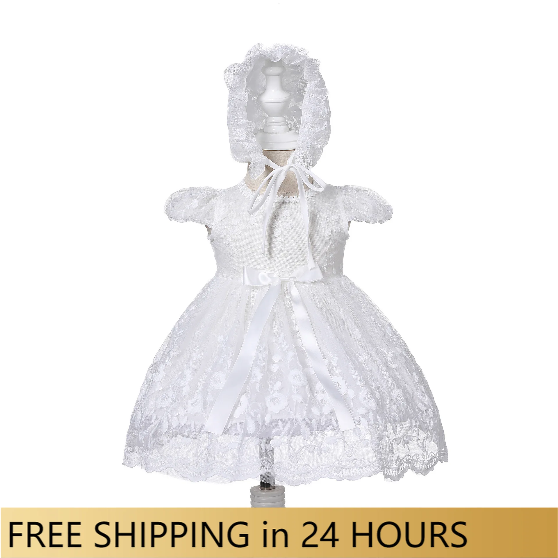 

2021 summer baby princess dress light breathable full moon birthday Skirt Birthday Lace Dress with Hat White one year old Dress