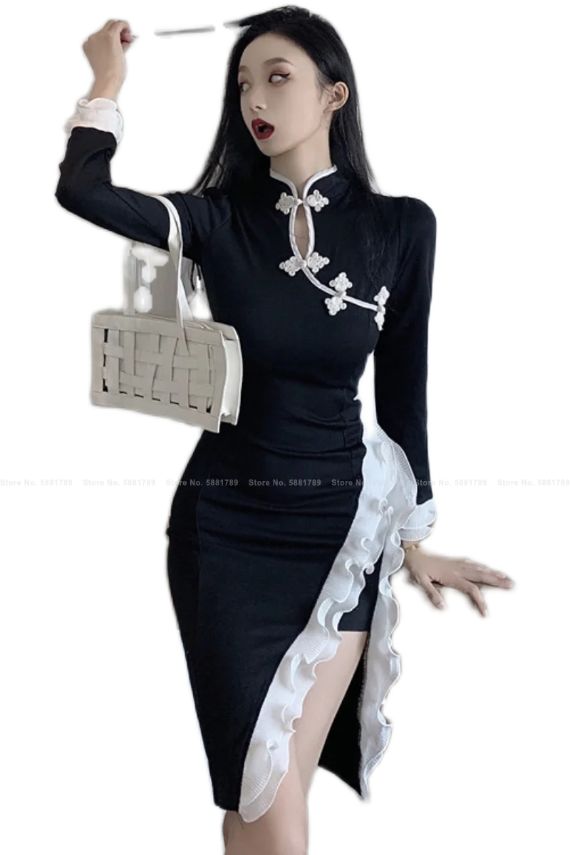 

Myvision Women Traditional Chinese Elegant Cheongsam Sexy Ladies Split Ruffled Evening Dress Retro Fashion Slim Cheongsam Retro