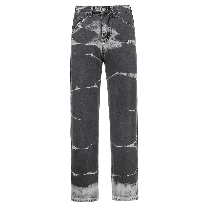 Brown Tie Dye Print Y2k Baggy Mom Jeans Women 2020 Vintage Aesthetic Straight Denim Pants High Waist Gray Trousers Streetwear