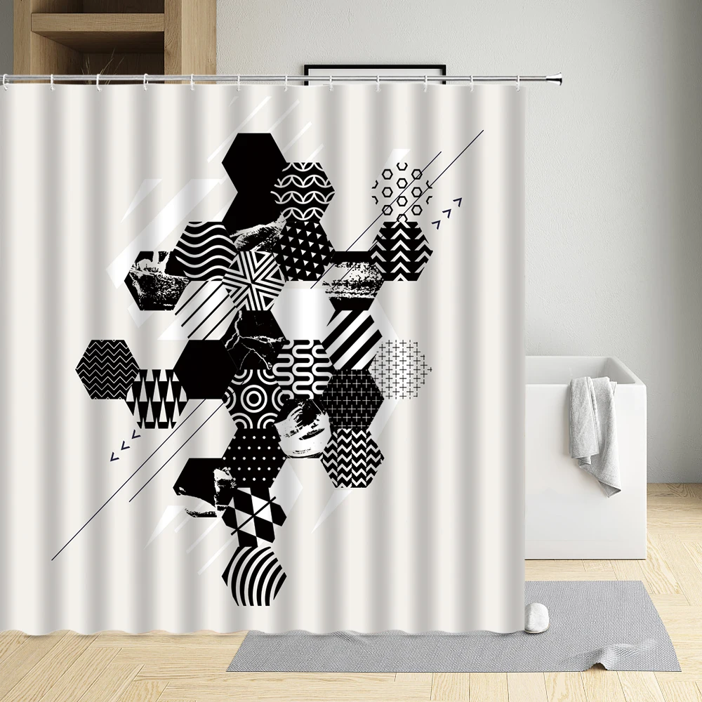 

Nordic Style Cloth Bathroom Decor Creative Shower Curtain Geometric Colorful Line Graffiti Bath Screen Hexagon With Hooks