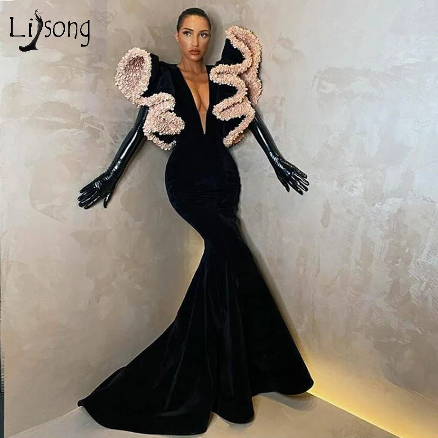 

Modern Black Mermaid Prom Dresses Ruffles Puffy Sleeves Sexy Deep V-neck Long Prom Gowns Celebrity Sukienki Party Dresses