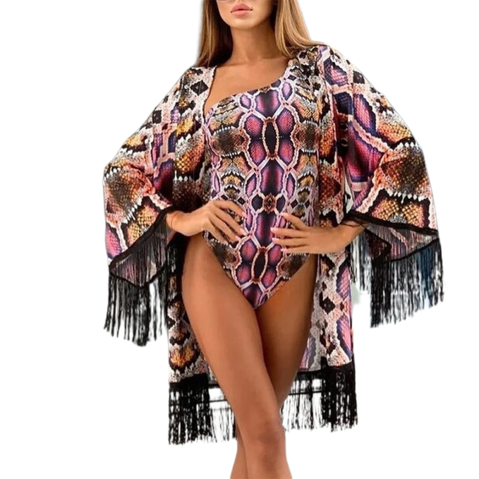 

Women's Snake Print Bikini Cover-Ups Beach Swimsuits Summer Ladies Tassles Printing See-through Beachwear Bathing Suit