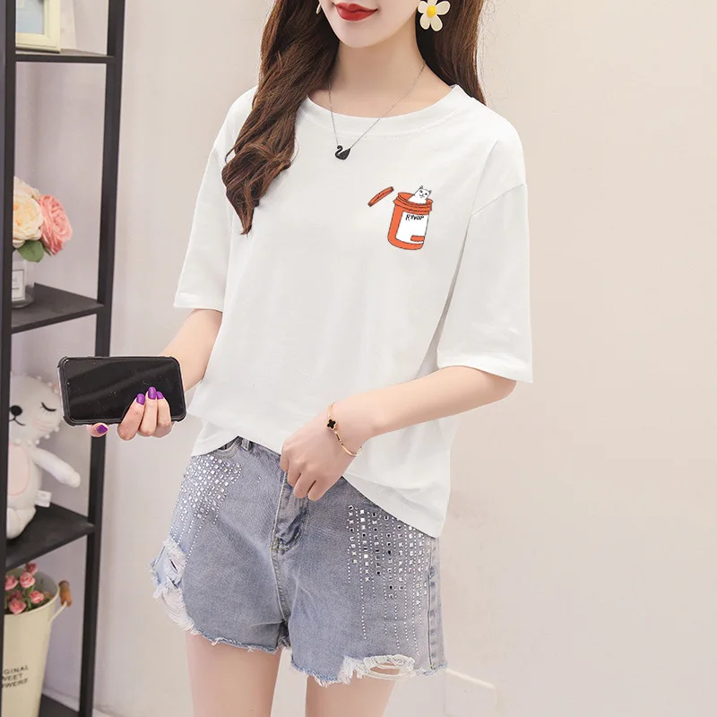 

Cotton women's 2020 Summer cartoon cat short-sleeved loose shirt student female