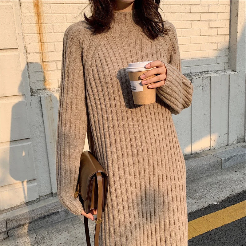 

Vintage Long Dress for Women Thicken Sweater Turtleneck Long Sleeve Elegant Solid Slim Knitted Dresses Pullovers Winter 2021