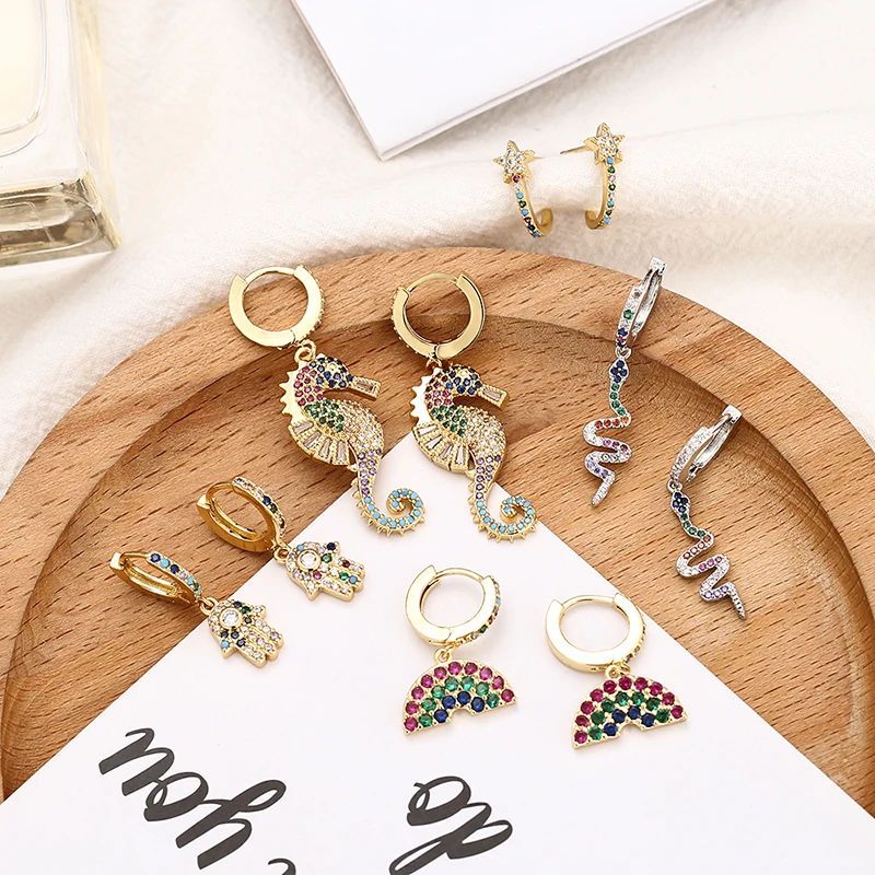 Модные женские золотые радужные Висячие серьги медные маленькие рыбка улыбка