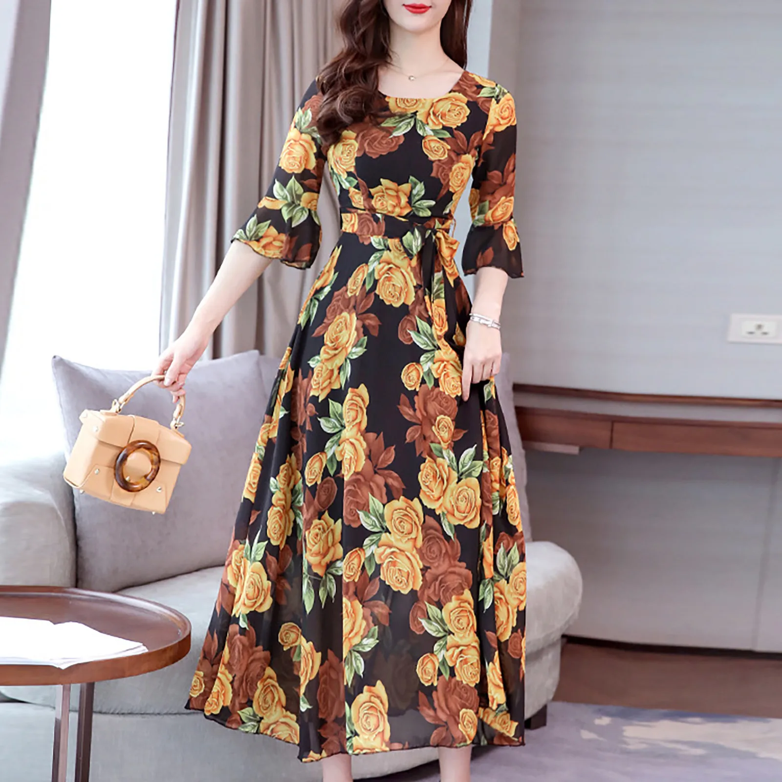 

Fashion Boho Dress Long Dress Women Casual V Neck Short Sleeve Retro Print Belt Hem Beach Dresses Sundress Robe Femme #G15