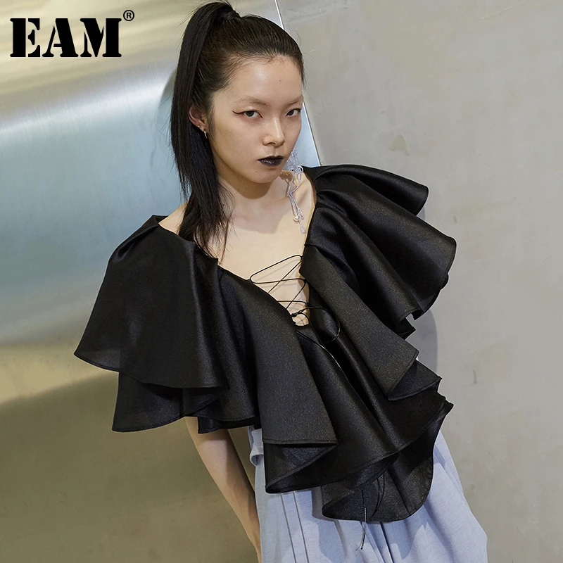 

[EAM] Женская Черная Асимметричная короткая блузка, новая свободная рубашка с v-образным вырезом и коротким рукавом, весна-лето 2022, 1DD8643