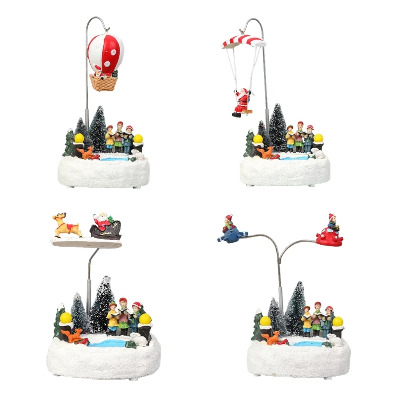 

2022 New Creative Christmas Scene Resin Ornament with LED Light Music Animated Cartoon Rotating Street Lamp Figurines Xmas