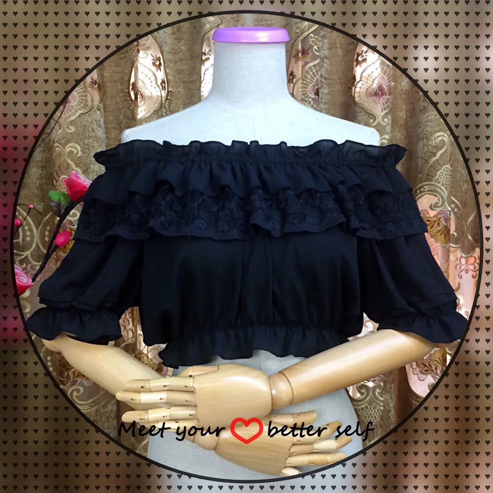 

Women Lace Chiffon Lolita Blouse Shoulder Off Lace Short Sleeves Loose Undershirt Lolita Crop Top Ladies Gothic Lolita SL2939