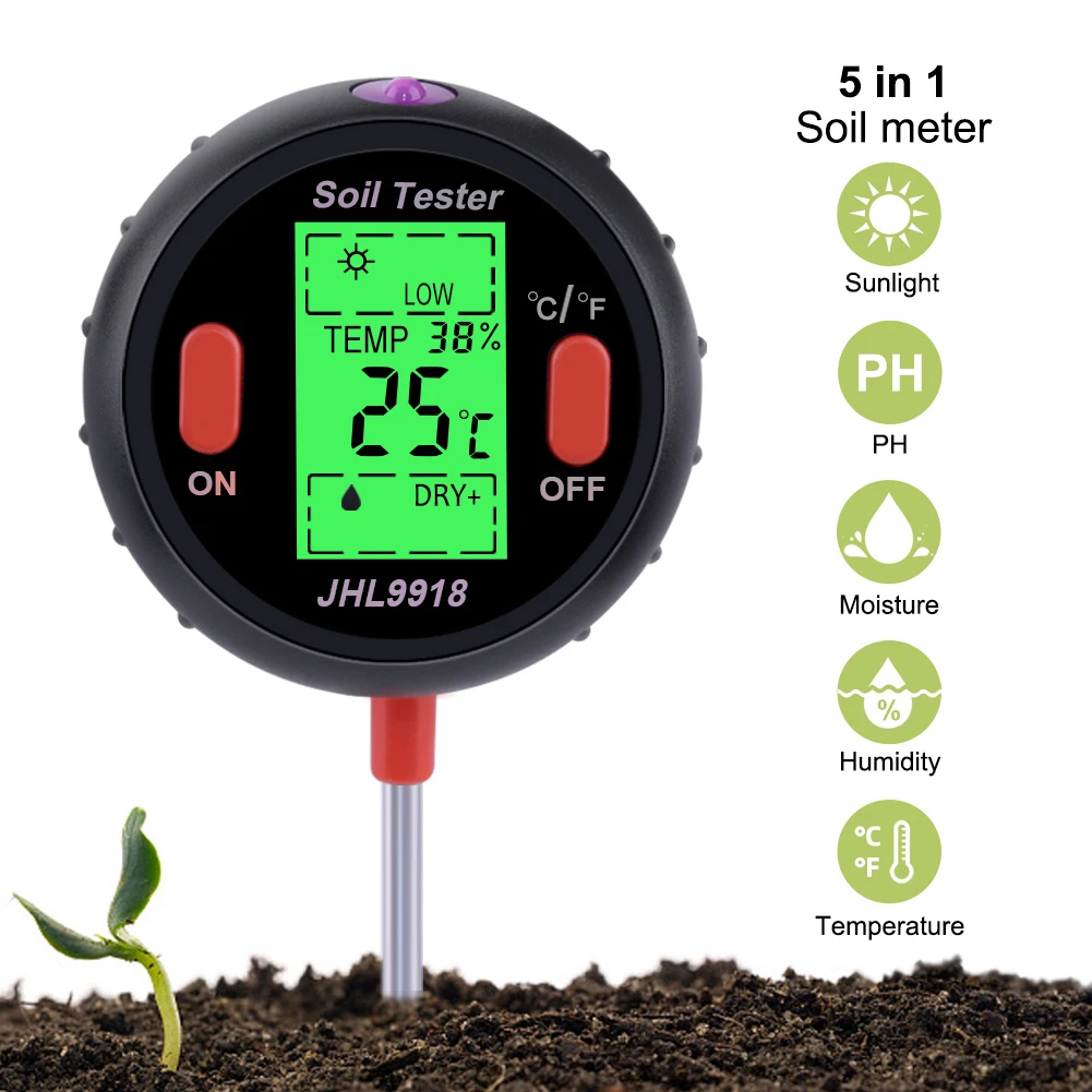 

Soil PH Tester 5-in-1 Humidity Moisture Sunlight Temp Acidity Meter Digital Soil Meter Gardening Flowers Plants Monitor Analyzer