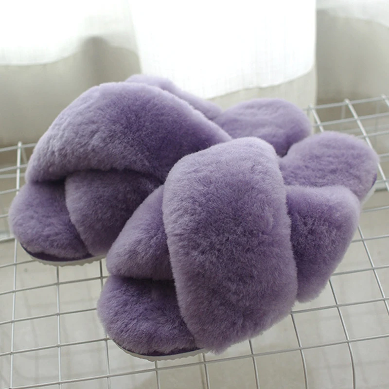 Purple Зимние теплые меховые тапочки из натуральной овечьей кожи; женская домашняя обувь; домашние тапочки; коллекция года; Роскошные шерстяные тапочки; Женские Повседневные тапочки; UVWP - Цвет: Purple