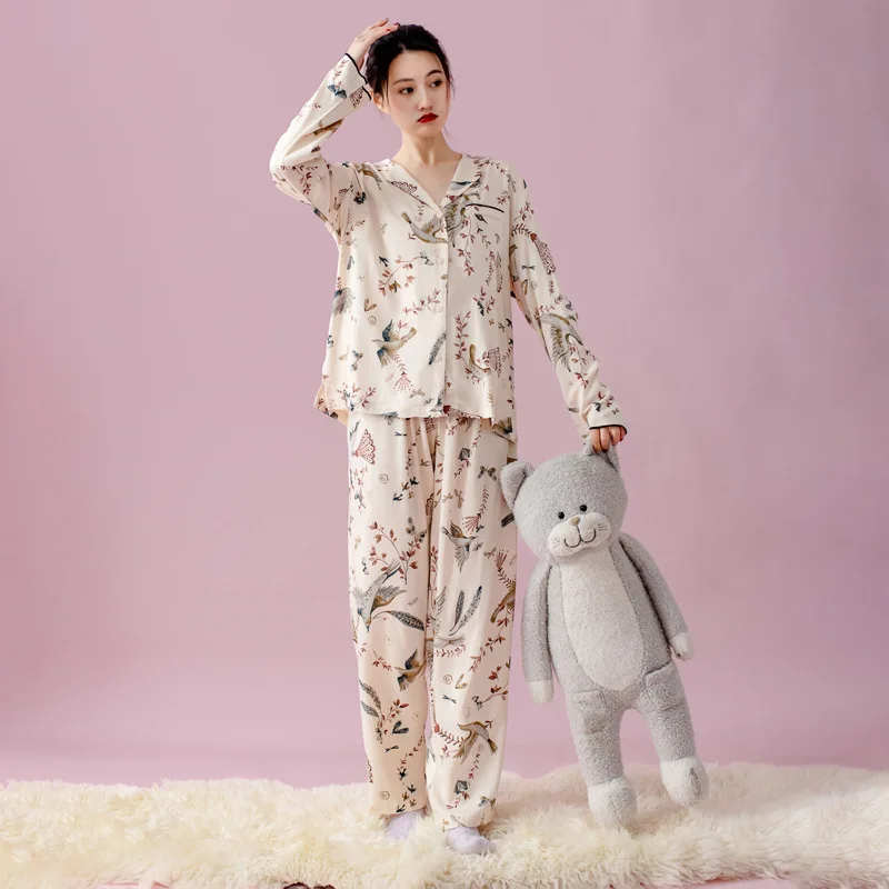 

2021 New 2pcs Spring/Autumn Pajamas Women Print Floral Homewear Long-sleeve Trousers Suit Can Be Worn Outside Home Service Sets