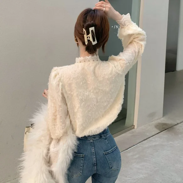 

Korean style temperament fashion lace Chiffon shirt Stand collar Single-breasted Women blouse Loose Lady top