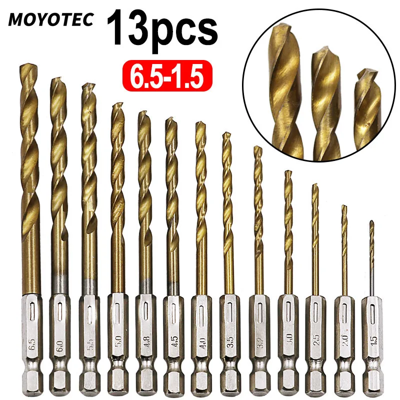 

13pcs/lot High Speed Steel Titanium Coated Drill Bit Set 1/4 Hex Shank 1.5-6.5mm tools