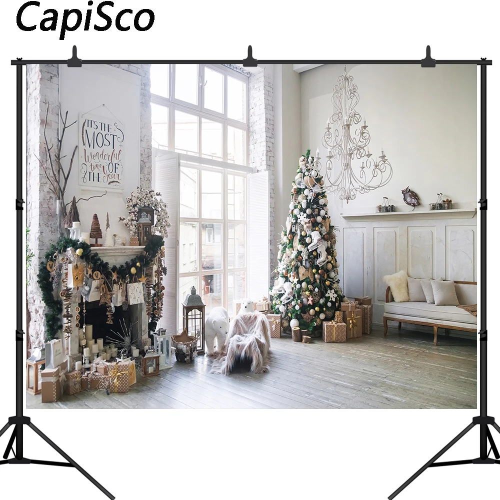 

Capisco Christmas Tree Photography Backdrop White Brick Fireplace Gift Toy Windows Background Photocall Photo Studio Props