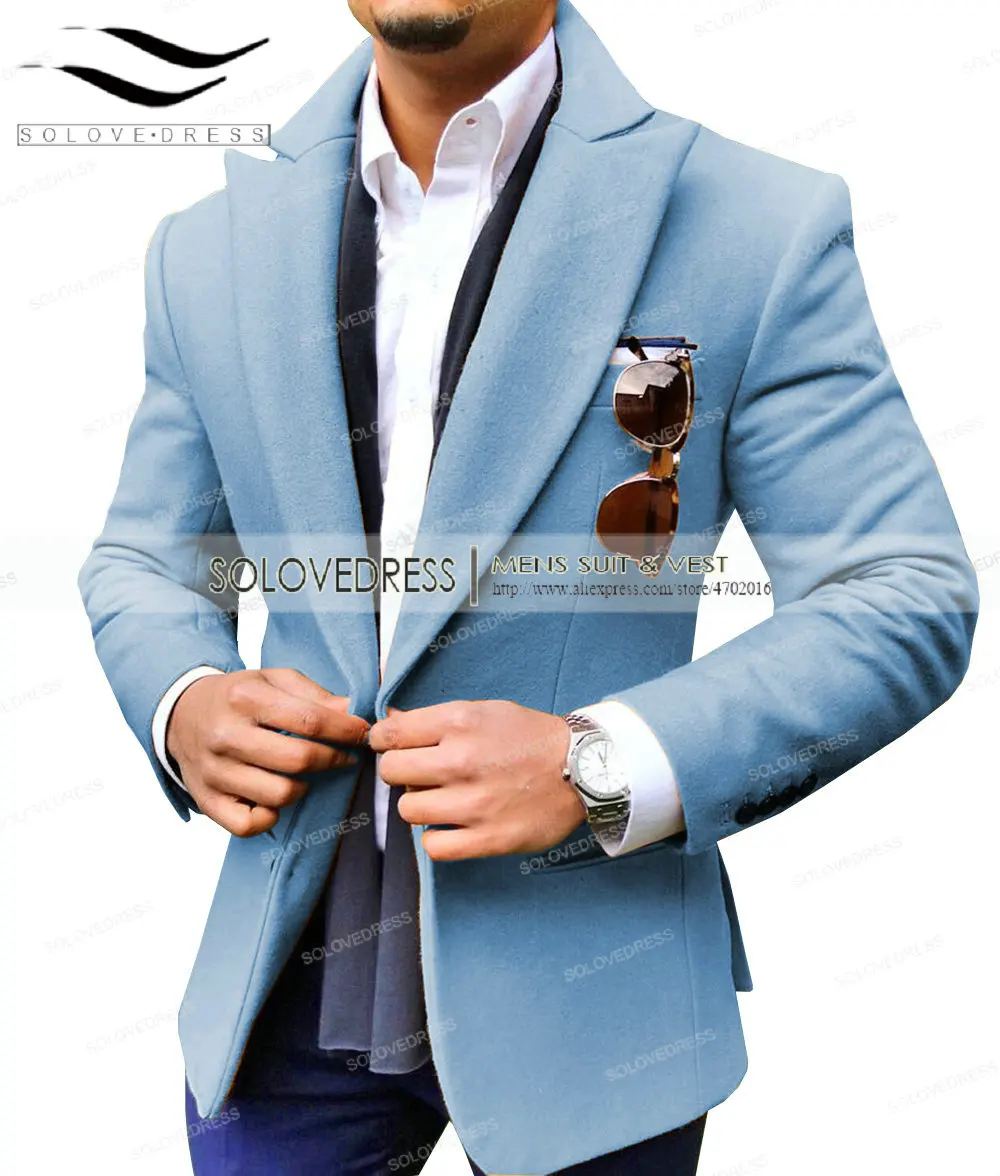 Light Blue Коричневый пиджак для мужчин, для отдыха, шерсть, твид, балзер, формальный, нотч, с отворотом, Бизнес Стиль, приталенный смокинг, Женихи, для мужчин, зимнее пальто - Цвет: Light Blue
