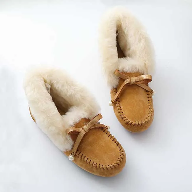 Natural Fur Women Flats Casual Moccasins Comfortable Loafers Genuine Leather Women Shoes Fashion Driving Shoes Woman - Цвет: CHESTNUT