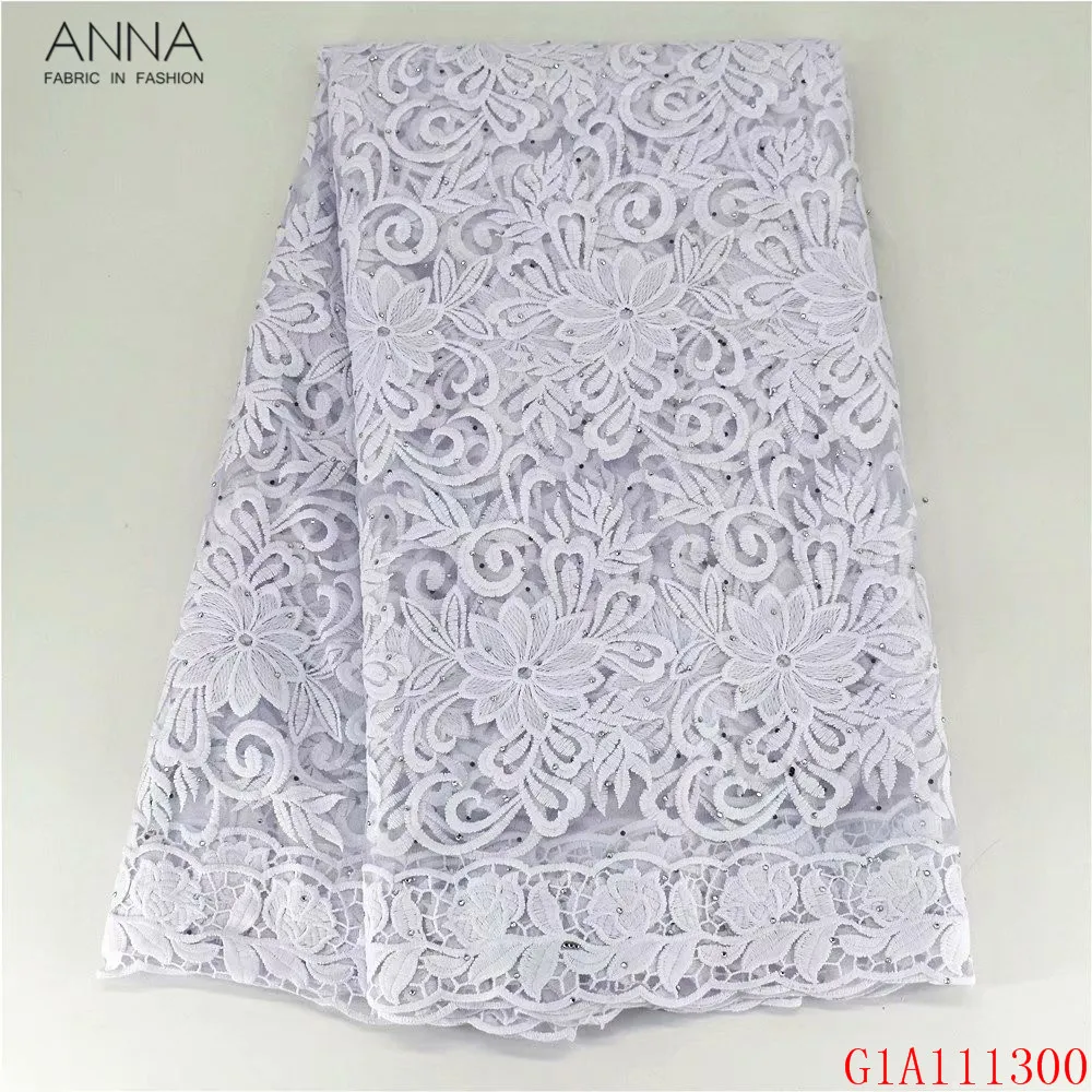 Анна белый Африканское молочного цвета Шелковое кружево ткань вышивка с камнями