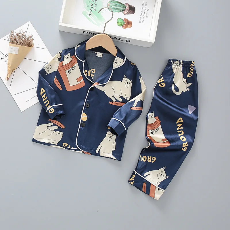 

Long Sleeve Silk Boy Sleepwear Kids Cute Comfortable Pyjamas Children Baby Pajamas Autumn Winter Silk Nightwear Girl Sleepwear