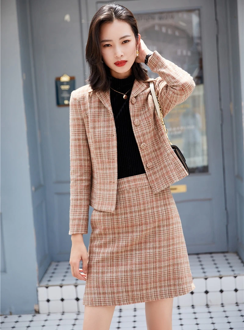 Осенне зимние элегантные клетчатые деловые костюмы Женская офисная одежда для