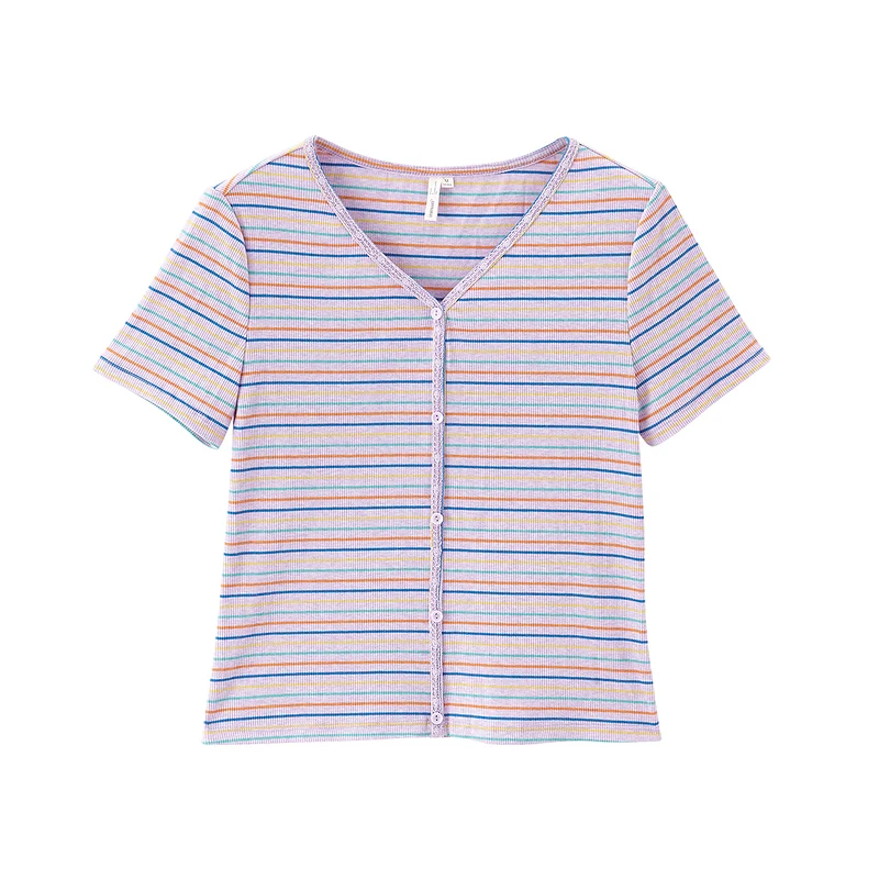 

INMAN Cute Young Style Tops Women Lady Rainbow Striped V Neck Lace Pullover Girl Lace Border Tees Decorative Button Tops
