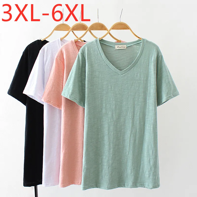 

New 2021 Ladies Summer Plus Size Tops For Women Large Short Sleeve Loose Cotton Green Pink V-neck T-Shirt 3XL 4XL 5XL 6XL