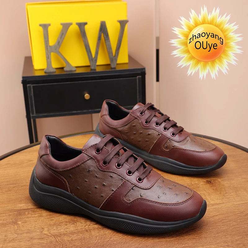 

2021 spring new men's sports shoes thick soled tide brand lace up brown flat shoes fashion cowhide embossed leisure board shoes