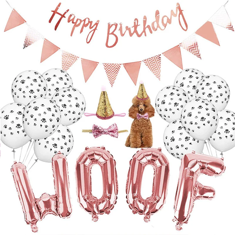 

WOOF Pet Birthday Party Decoration For Home Party Ornamets Gifts Paw Balloon Set Birthday Hat Pink Banner Dog Party DIY Decor