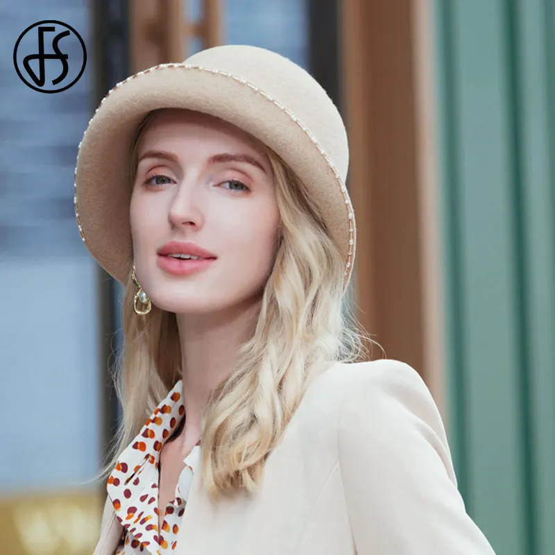 

FS Vintage 2020 NEW Winter Hats For Women Wool Felt Wide Brim Fedoras Elegant Bowler Black Pink Cloche Church Sombreros De Mujer