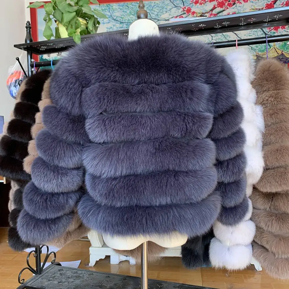 NEW 50CM Women Warm Real Fox Fur Coat Short Slim Winter Genuine Fur Jacket Fashion Outwear Luxury Natural Fox Fur Coat For