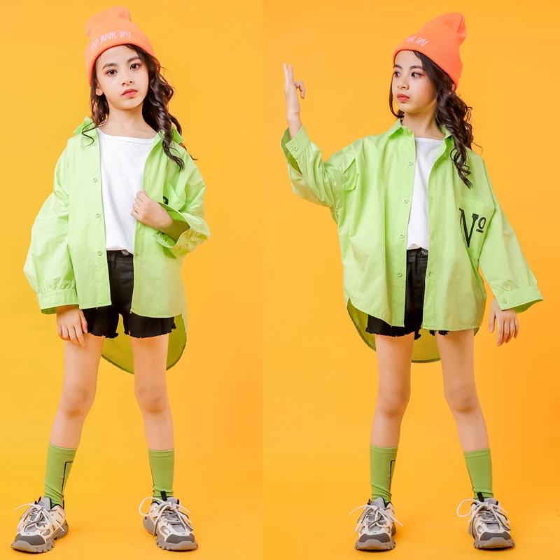 

Children Ballroom Hip Hop Clothing Loose Green Tshirt Coat Top Casual short Pants for Girl Boy Jazz Dance Clothes Costume Wear