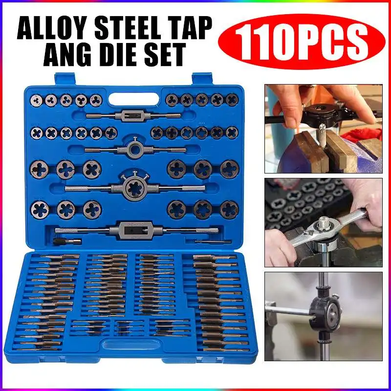 

110Pcs/Set Tap and Die Set with Case Tungsten Steel Titanium Screw Thread Metric Taps wrench Dies DIY Kit Heavy Duty Hand Tool