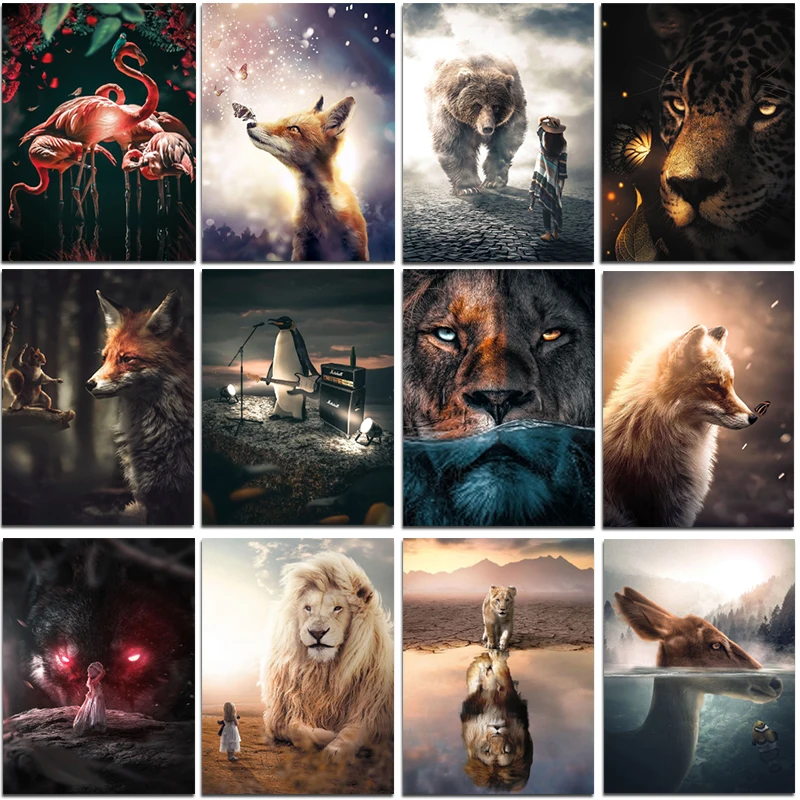 Полноформатная алмазная живопись животные фламинго фигурка Лев волк медведь