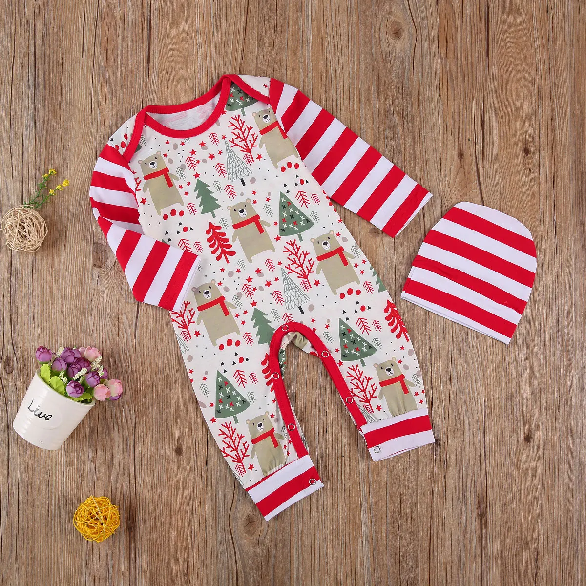 

2020 Baby Girls Boys Clothing Set Newborn Long Sleeved Jumpsuit Cartoon Christmas Print Round Neck Romper+ Hat 2pcs Set 0-24M