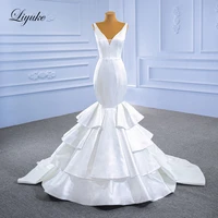 liyuke pure white v neckline mermaid wedding dress with ruffles lace up back vestido de noiva