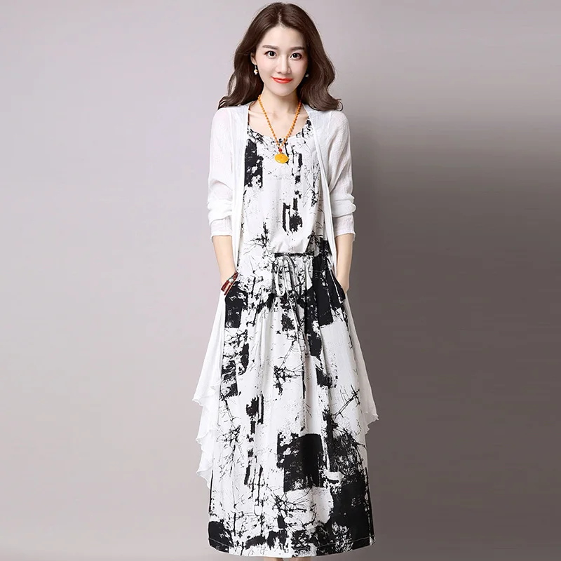 White with Black Винтажные платья, лето, китайские чернила и стирка, рисунок, длинный, хлопок, лен, набор, 2 штуки, женское Повседневное платье размера плюс - Цвет: White with Black