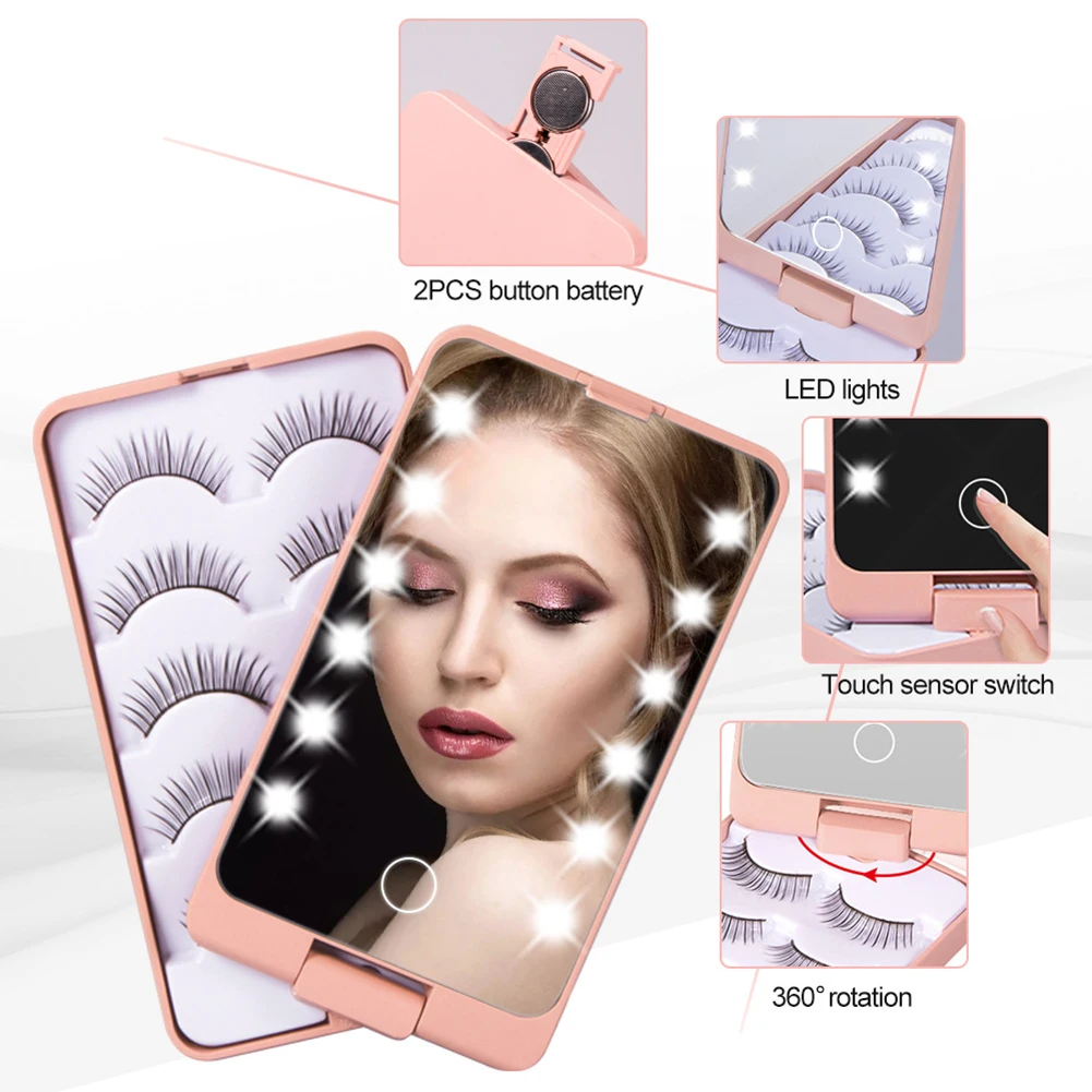 

Eyelash Storage Box with Makeup Mirror and LED Light Display Sample Container Travel Storage Case Makeup tool kit
