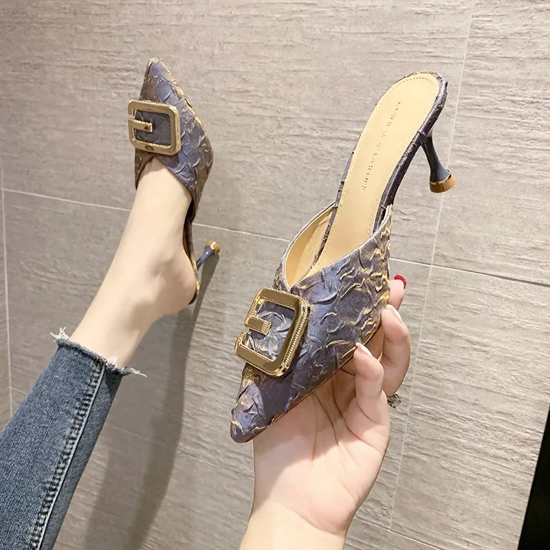 

Women's Slippers Casual String Bead Mules Shoes for Women Thin High Heels Covered Toe Slippers Summer Fashion Women's Shoes