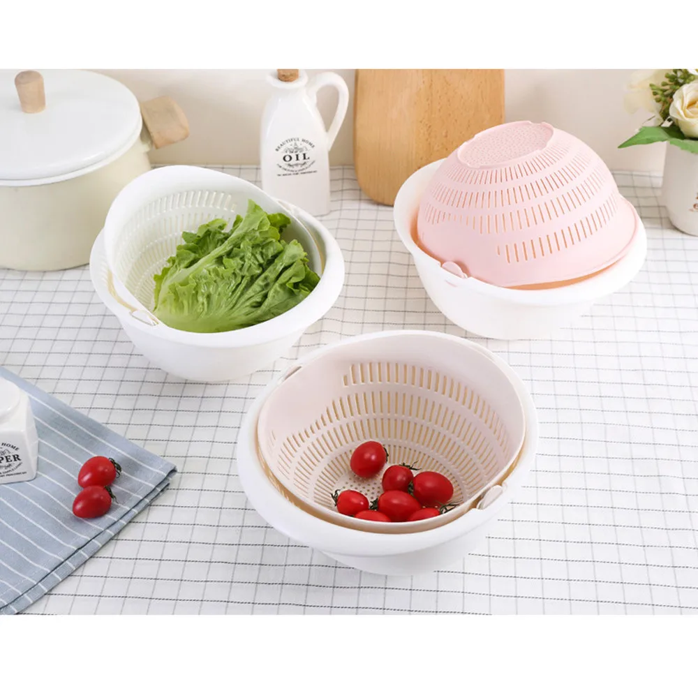 

Double Drain Basket Bowl Rice Washing Colander Baskets Kitchen Strainer Noodles Vegetables Fruit Drain Storage Basket New #695