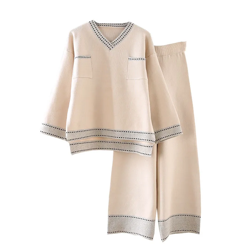 

SuperAen Casual Two Piece Set Wide Leg Pants Suit 2021 New Style Autumn and Winter Fashion V Neck Sweat Suits Women