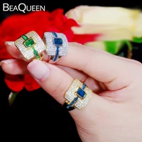beaqueen luxury designer monaco dubai yellow gold color big square blue green wedding bands engagement rings women jewelry r099