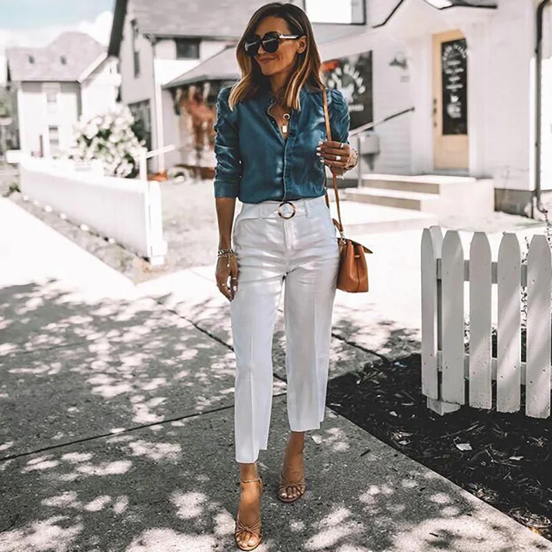 

Women's Autumn Solid Color Denim Shirt Blouse Casual Slim Tops Spring Puff Sleeve Blouses Ladies Nine Quarter Sleeve Denim Top