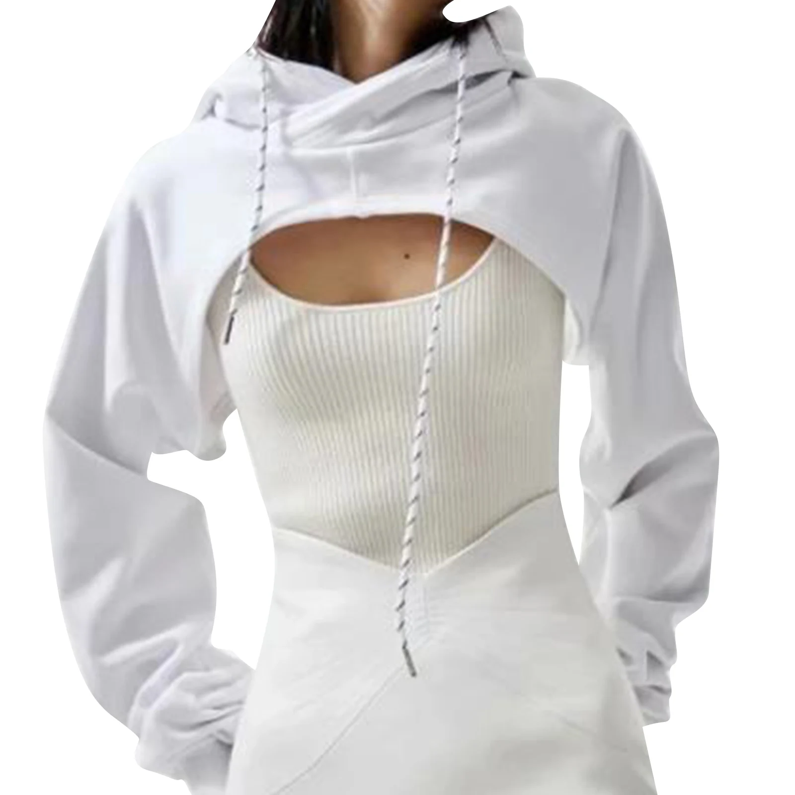 Женская укороченная толстовка с капюшоном однотонная свободная кофта длинным