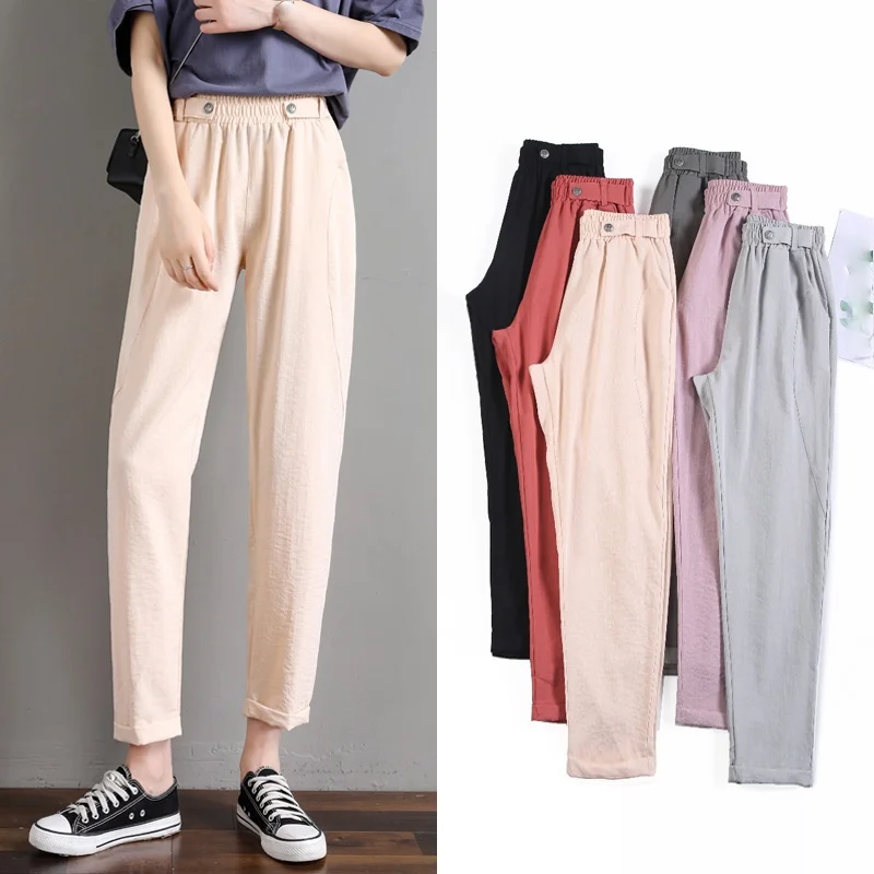 

ZHOUTAYLOR Woman Pants Button Fashion Pockets Straight Female Ankle-Length Bottoms Office Lady Solid Flat Trousers Femme S0274