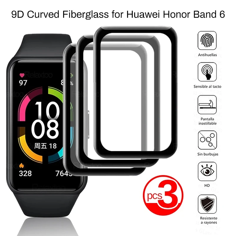 

3Pcs 9d curved fiberglass for huawei honor band 6 glass screen protector for hauwei honer xonor band6 smart bracelet film cover