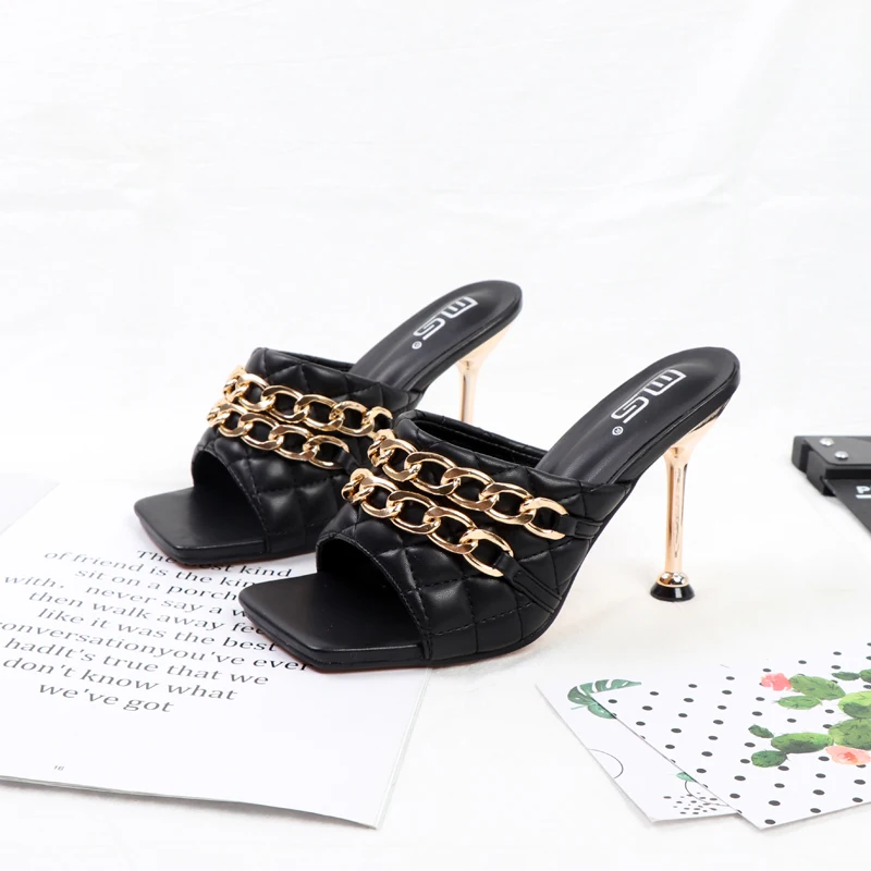 

Outside wearing high-heeled slippers women's slim heel square head gold chain shoes 2021 summer Europe and the United States Lar