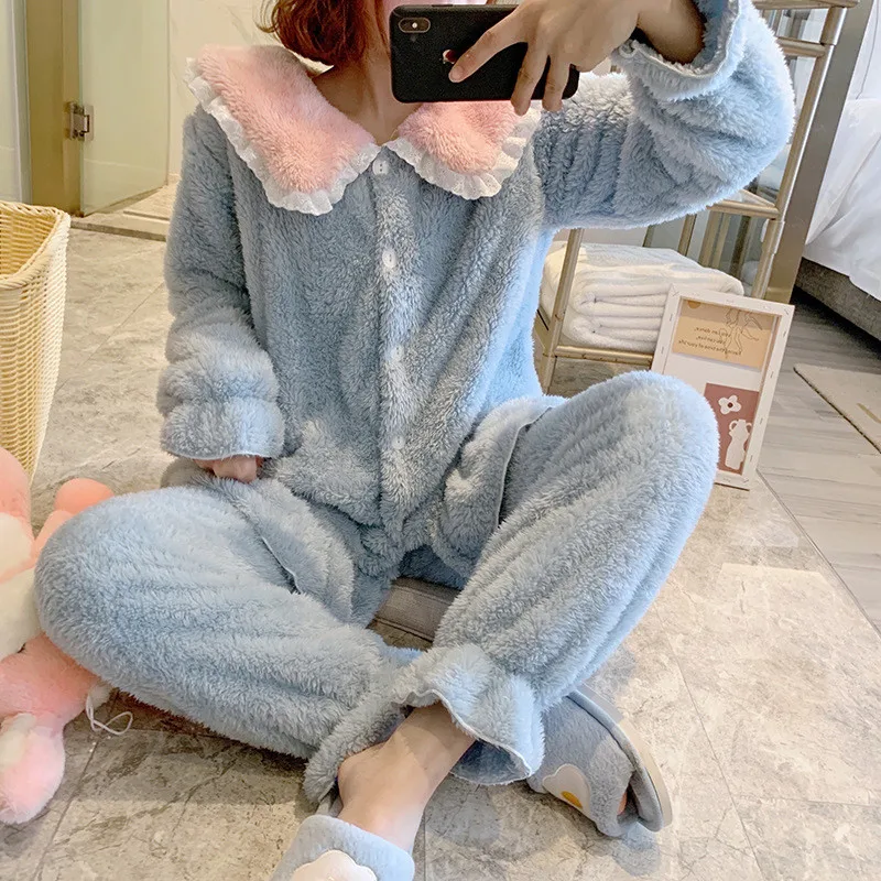 

Cute Winter Flannel Pajamas Set Women's Sleepwear Coral Fleece Home Service M-2XL Thick Homewear Pajymas Pants Suit MA70003
