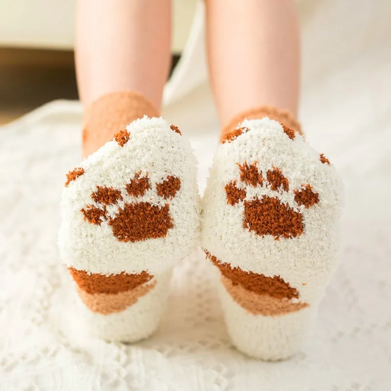 1 Pair New Arrivals Coral Fleece Socks Female Kawaii Tube socks Autumn Winter Cat Claws Cute Thick Warm Sleeping Floor | Женская одежда